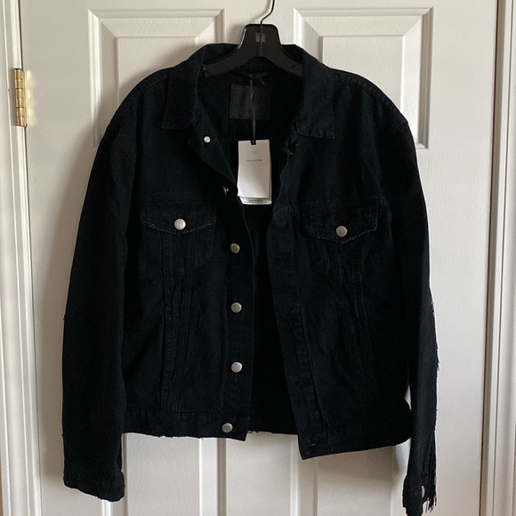 Zara Jackets & Blazers - Zara Woman distressed black denim jacket with fringe back down arms